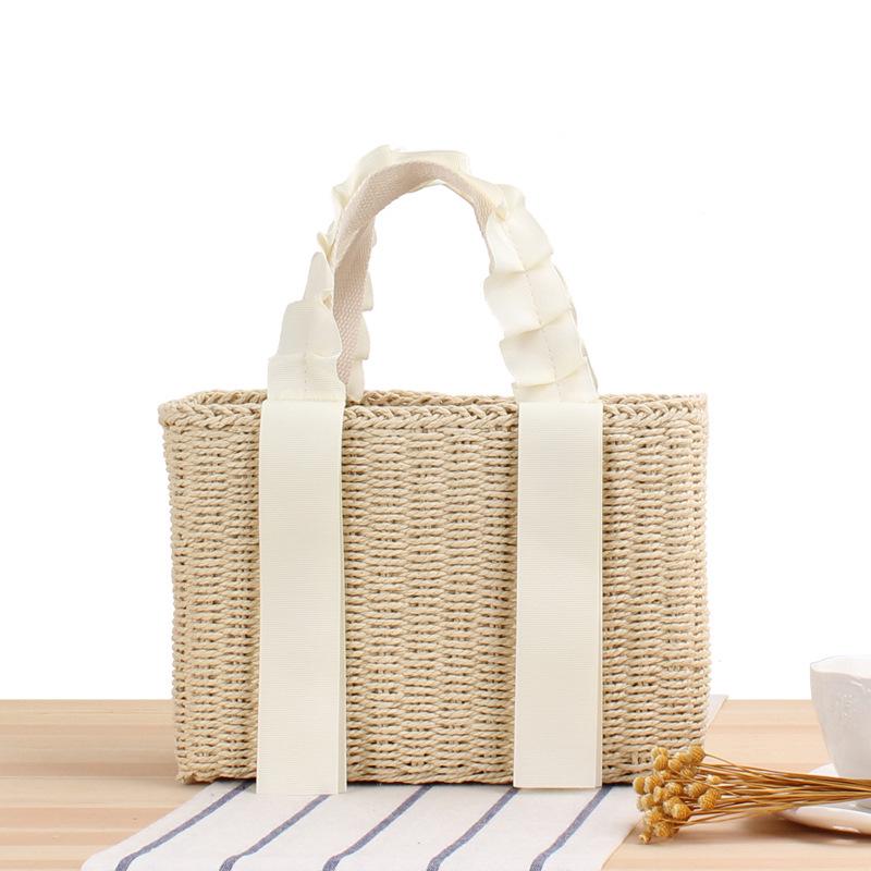 Women's Casual Beach Tote: Solid Color Handheld Paper Rope Bag with Ribbon Handle