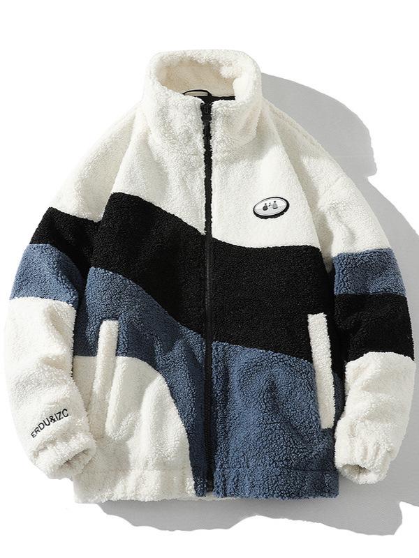 Veste Homme en Laine d'Agneau Color Block à Col Montant – Manteau Épais Automne/Hiver Polyvalent pour Couples