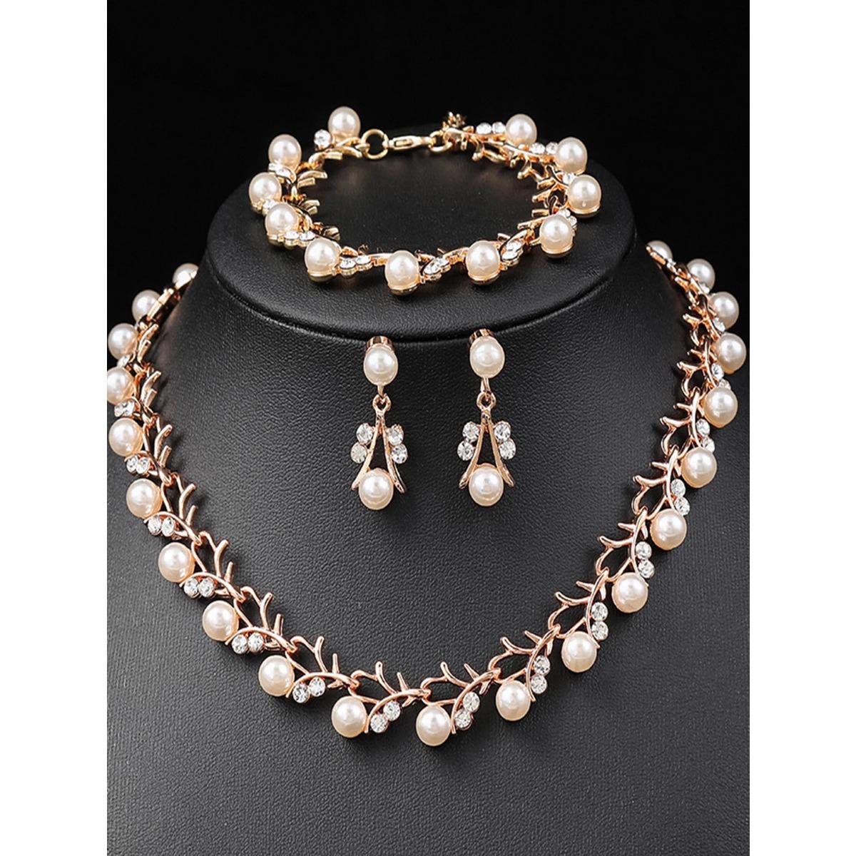

Комплект женских украшений из 4 предметов: ожерелье из жемчуга и страз, серьги, браслеты, свадебные аксессуары для невесты champagne gold&45cm