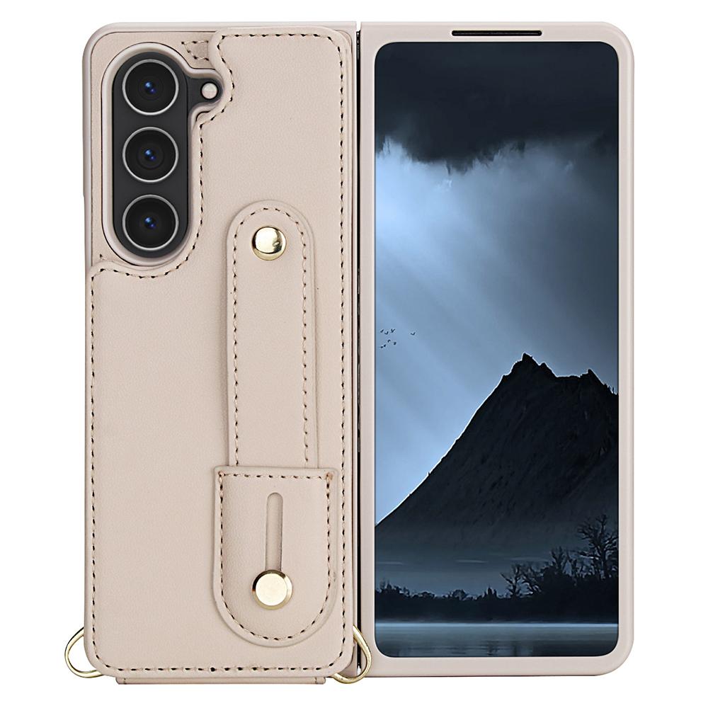 For Samsung Galaxy Z Fold5 5G Case Kickstand Card Slots Leather Coated TPU Cover with Shoulder Strap