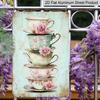 2D Flat, 1pc Vintage Tea Party Metal Wall Art Sign - 8x12 Inch Aluminum Floral Teacups & Roses Design, Rustic Distressed Edges, Pre-Drilled Holes for