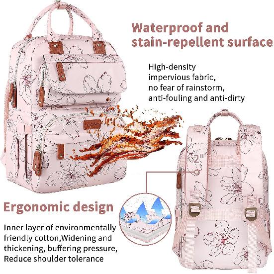 Diaper Bag Backpack, Baby Girl Diaper Bag for Mom, Large Pink Floral Diaper Bag Backpack for Girls, Waterproof Mom Backpack for Work Travel Holiday