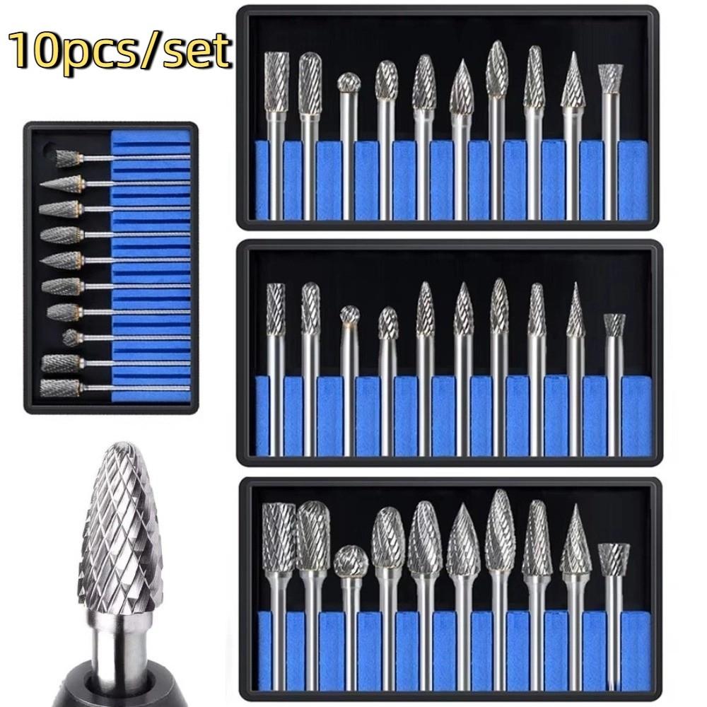 10pcs/set Hard Zinc Zinc Alloy Rotary File 6mm Shank Grinding Head Drill Bit  Aluminum Processing
