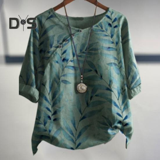 Dámské letní tričko s kulatým výstřihem, krátkým rukávem, volného střihu, pulovrové topy, retro potisk listů, knoflíková dekorace, tenké tričko