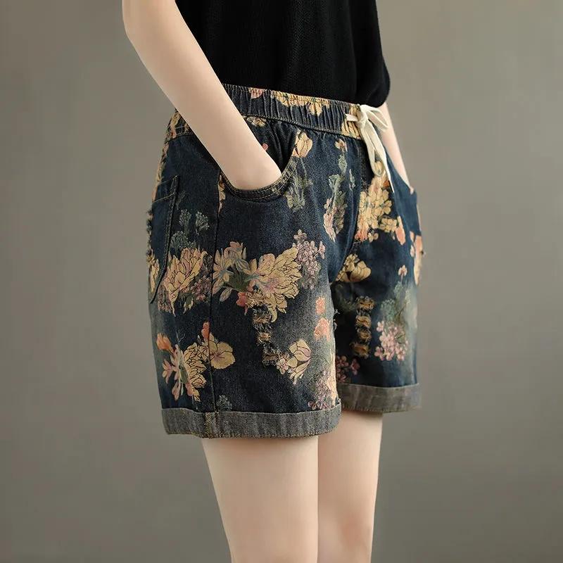 Ladies Denim Shorts Ethnic Print High Waist Women's Loose All-match Elastic Waist Streetwear Summer