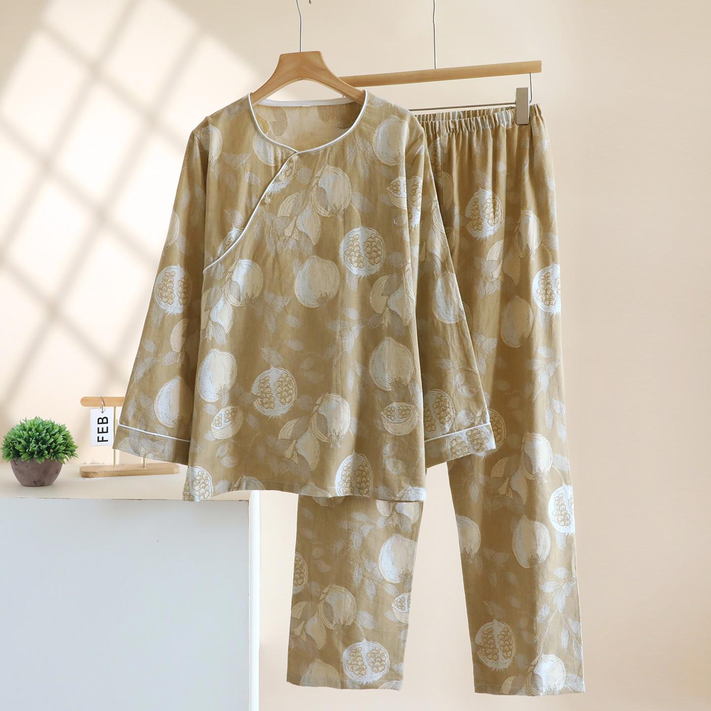 

2026 New Spring and Autumn Women s Pajama Set 100% Cotton Gauze Ancient Style Long Sleeve Long Pants Round Neck Home Clothes 1XL