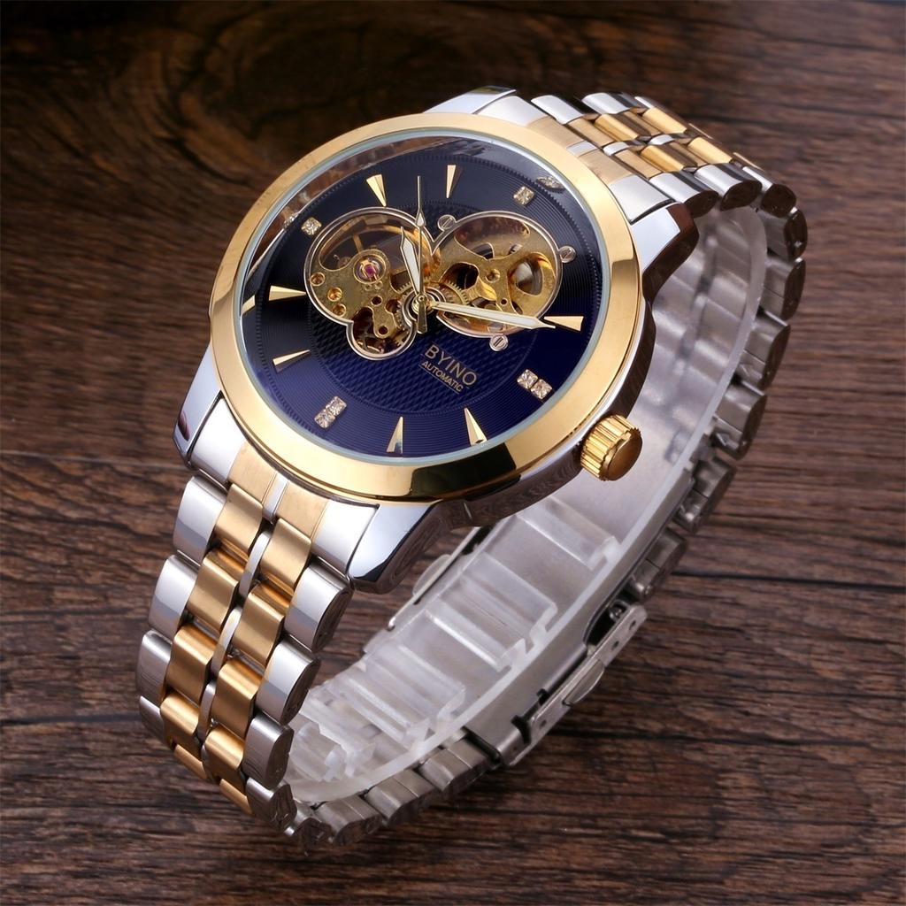 BYINO Men Mechanical Waterproof Performance Gold Steel Clock