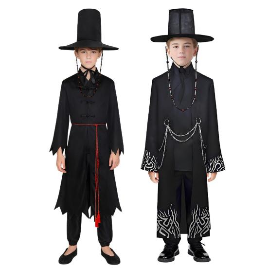 1 Set Black Hunter Costume Set Well-Crafted Traditional Clothing Role-playing Props Coat Trousers Hat Chain