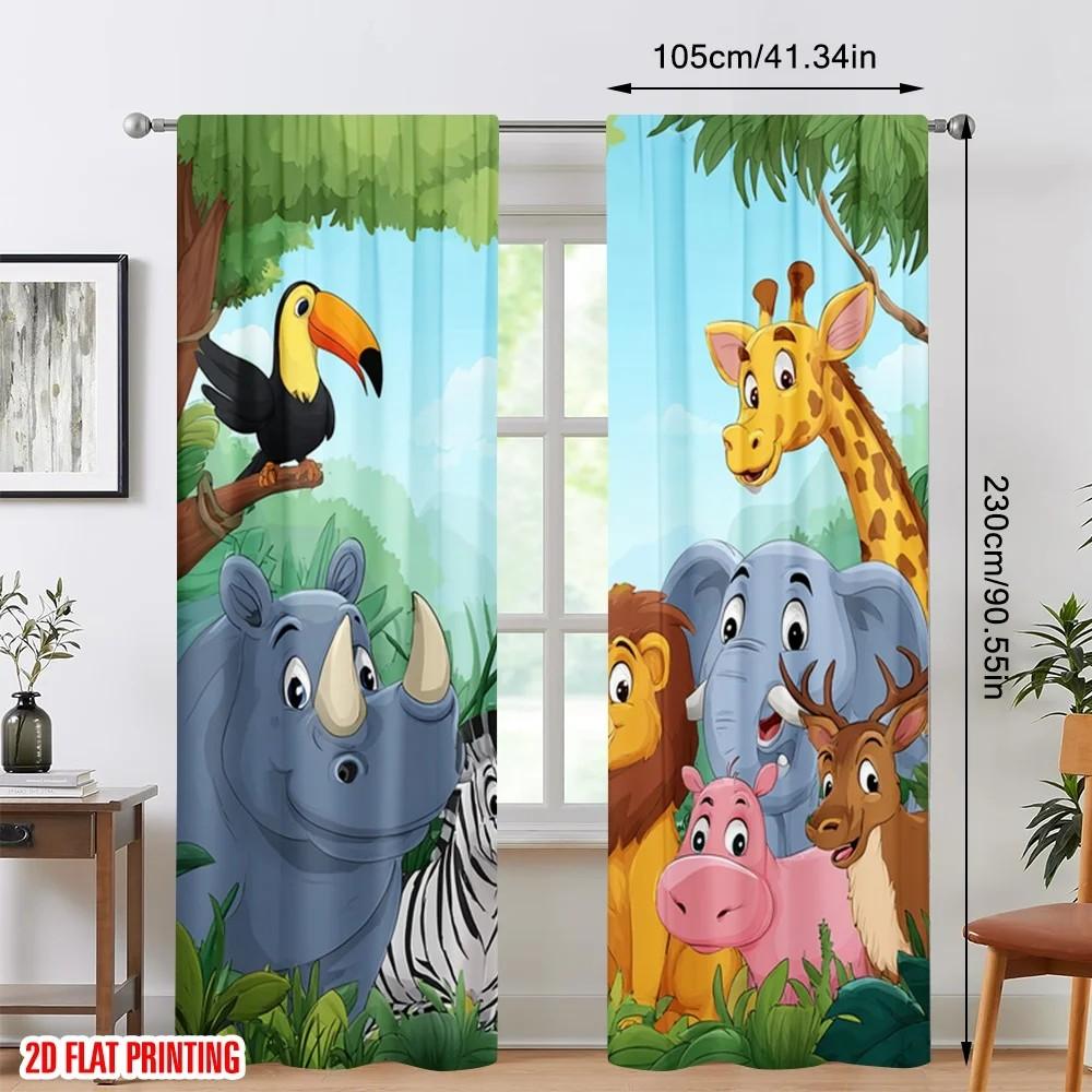 Set Of 2 Jit Cartoon Animals Printed Curtains Polyester Kids Room Window Decor Curtain Darkening With Rod Pocket Ideal For