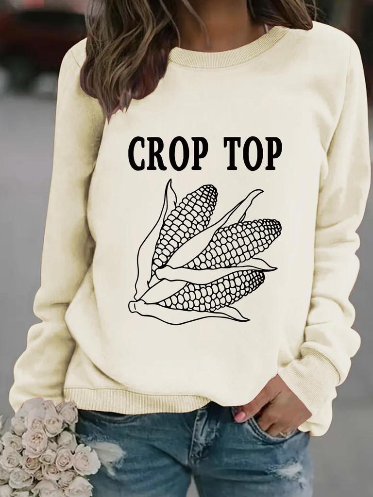 Autumn/Winter Women's Casual Long-Sleeve Corn Print Crop Sweatshirt
