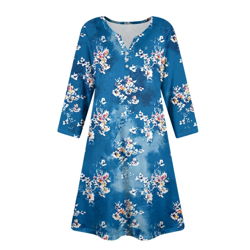 Women's Fashionable V-Neck Button Seven Part Cuff Pocket Floral Dress
