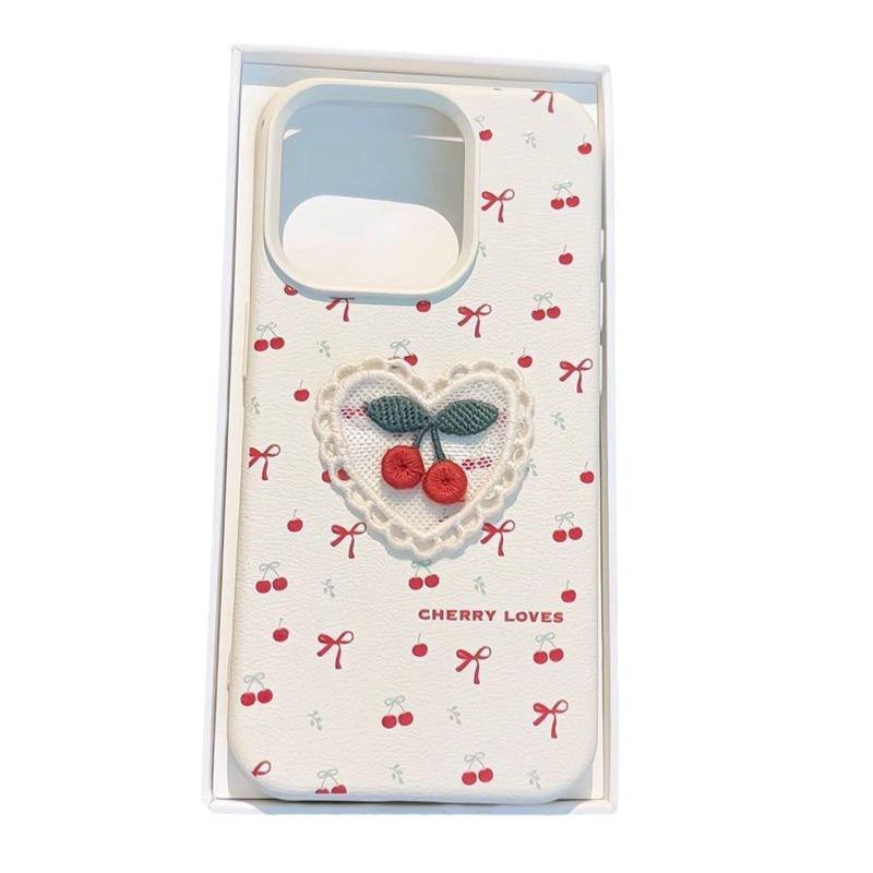 Ins Korean Style Embroidered Cherry Suitable for IPhone 15 Promax Apple 14 Phone Case 13 Leather Pattern 12 Women 16