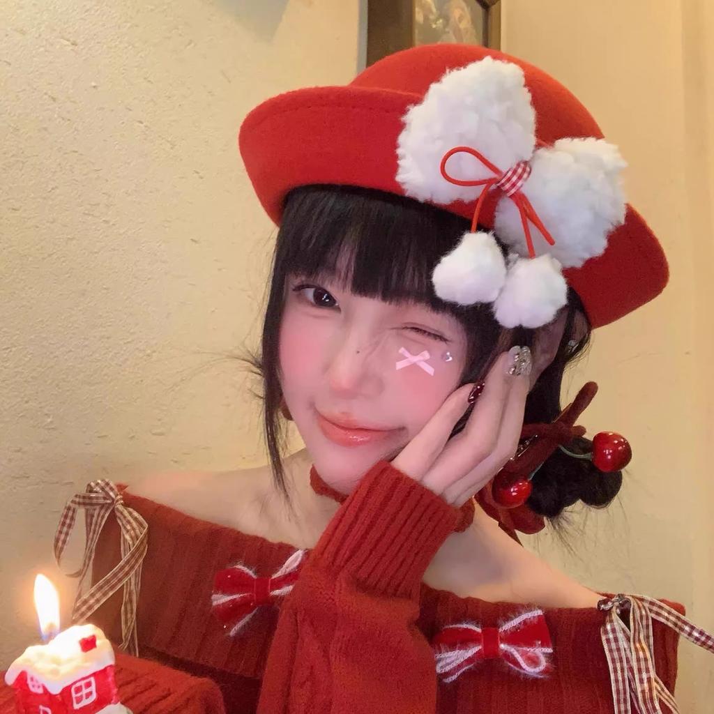 Christmas Red Plush Bow Top Hat 2025 Christmas New Year Painter Hat Ins Wind Bucket Hat