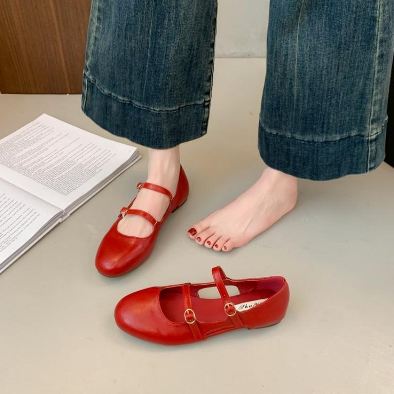 Flat-bottomed double-buckle Mary Jane shoes women's autumn new round-headed grandma shoes student solid-color casual shoes