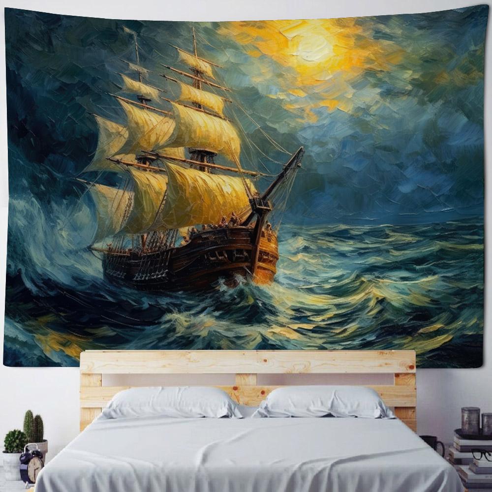 Ozean Ölgemälde Wandteppich Retro Piratenschiff Wandbehang, Hippie Heimdekoration Wandbild, Wohnzimmer und Schlafzimmer Kunstdekoration
