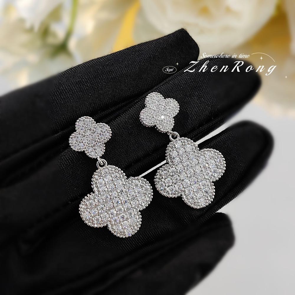 Luxury Four Leaf Clover Earrings with Full Diamonds Elegant Long Drop Earrings for Women Fashion Jewelry