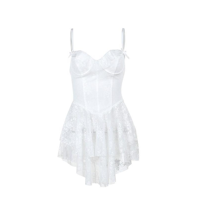 

Ballet Pure Desire Style Lace Jacquard Sling Dress Open Back Lace-up Waist-Controlled Flattering French Style Puffy Suspender Dress White S