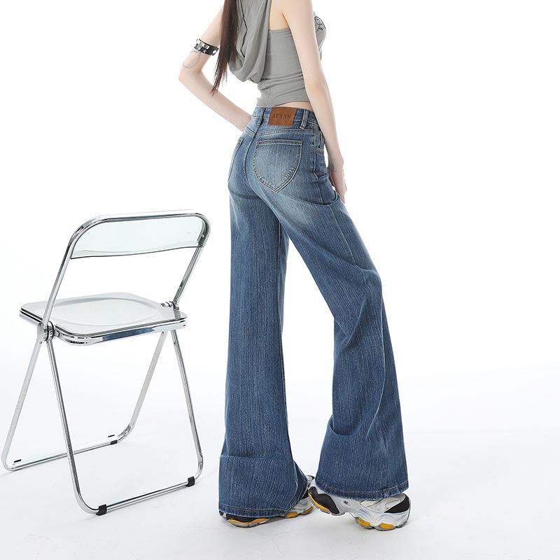 Retro Blue Low-rise Slightly Pulled Jeans Women's Summer New American Style Non-stick Leg Elastic Thin Flared Pants