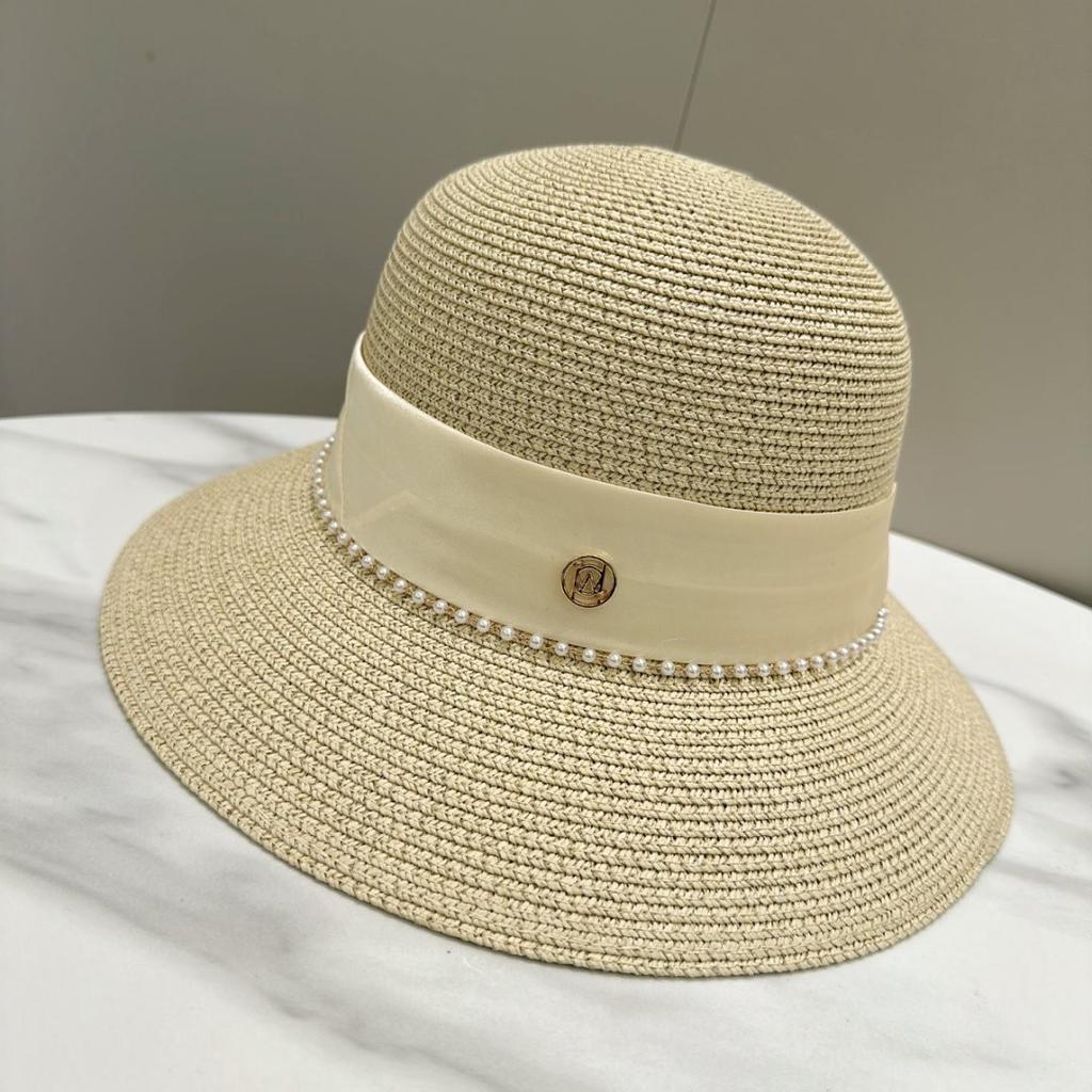 Small Fragrant Straw Hat Elegant Women'S M Standard Pearl Dome Top Hat French Light Cooked Bucket Hat Sun Protection Wide Brim Straw Hat
