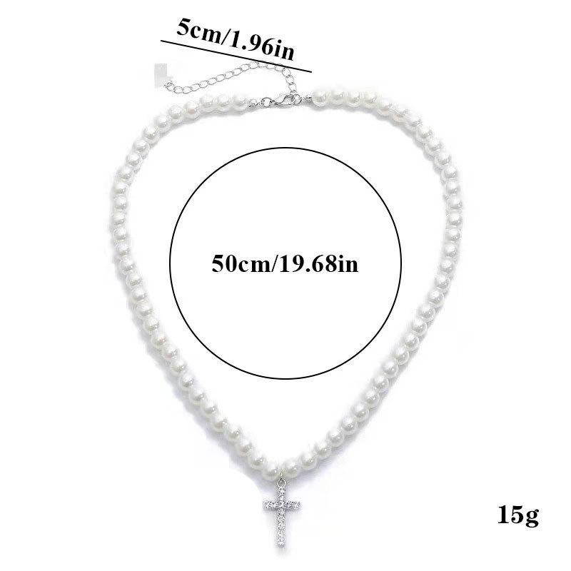 Collana Ciondolo Croce Intarsiata Diamanti Perle Finte Unisex Gioielli di Moda
