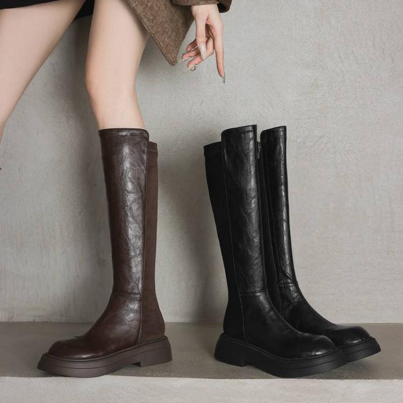 Herbst- und Winterstiefel mit dicker Sohle, seitlichem Reißverschluss, rutschfest, Martin-Stiefel für Damen, koreanische Version, runde Spitze, Blockabsatz, einfarbig, neue Gummisohlen-Overknee-Stiefel