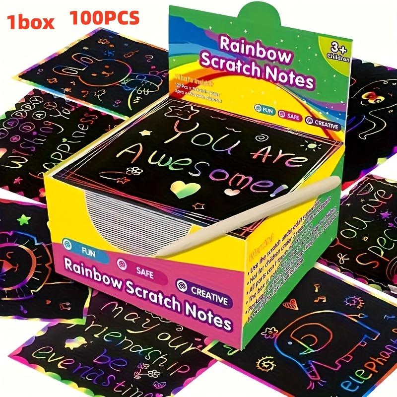 1 Box of 100 Rainbow Scratch-Off Mini Art Sticky Notes, Handmade Art Party Supplies, Birthday and New Year Gifts, Creative Colorful Doodles