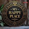 Vintage Gold Metal Wall Art Round Retro Sign My Happy Place Home Decor Bathroom Porch Living Room Kitchen Bedroom Wall Decoration