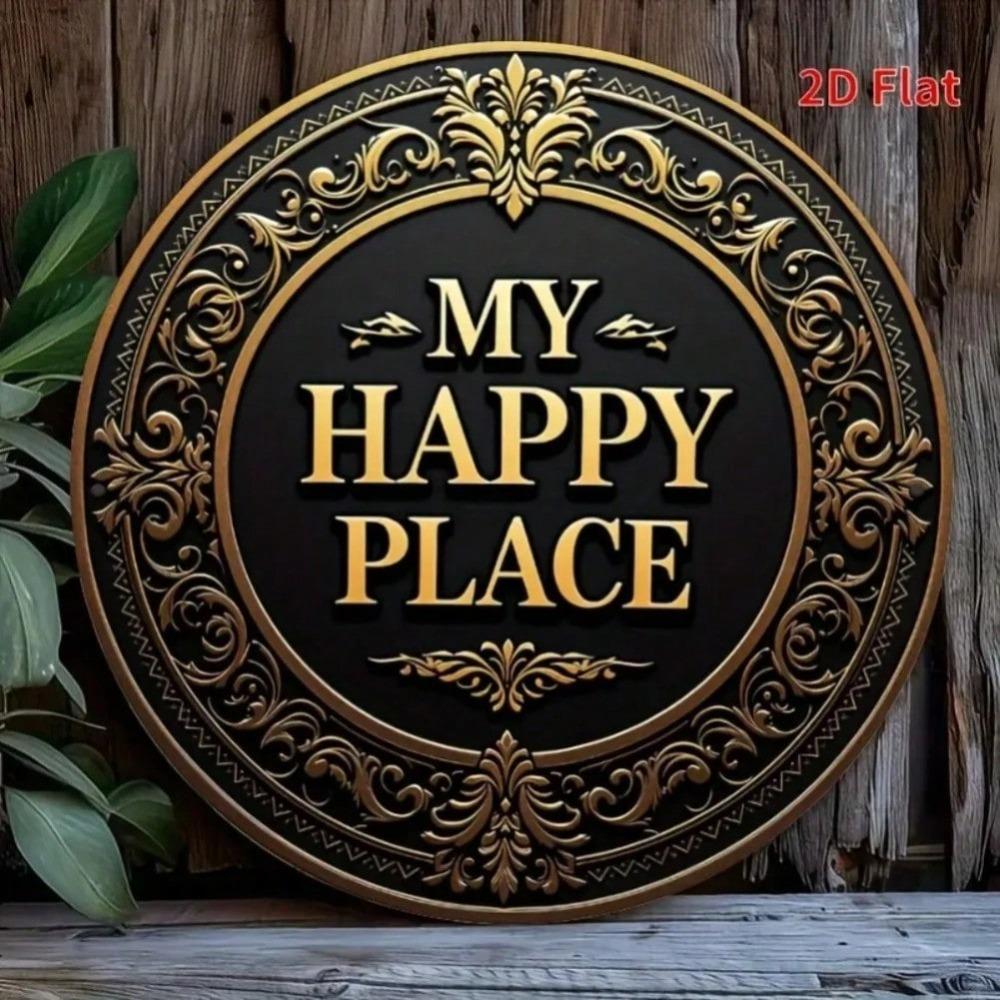 Vintage Gold Metal Wall Art Round Retro Sign My Happy Place Home Decor Bathroom Porch Living Room Kitchen Bedroom Wall Decoration