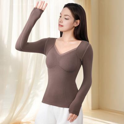 Yousheng Women Thermal Tops Solid Color V-Neck Long Sleeve Velvet Lining Seamless Elastic Bottom Tops Winter Thermal Blouse