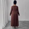Women's Long Sleeve Pleated Belted Maxi Dress Comfortable Drape with Metal Buttons