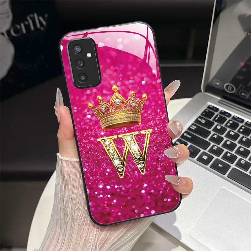 For Samsung M52 5G Case Galaxy M14 SM-M526B SM-M146B Phone Case ShockProof Fashion Initial Letter Hard Tempered Glass Back Cover