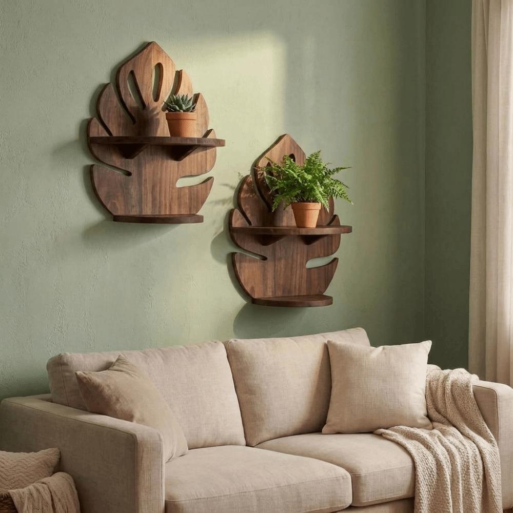 Decorative Wooden Monstera Shelf Rustic Photo Frame Storage Rack Wood Display Shelf Office