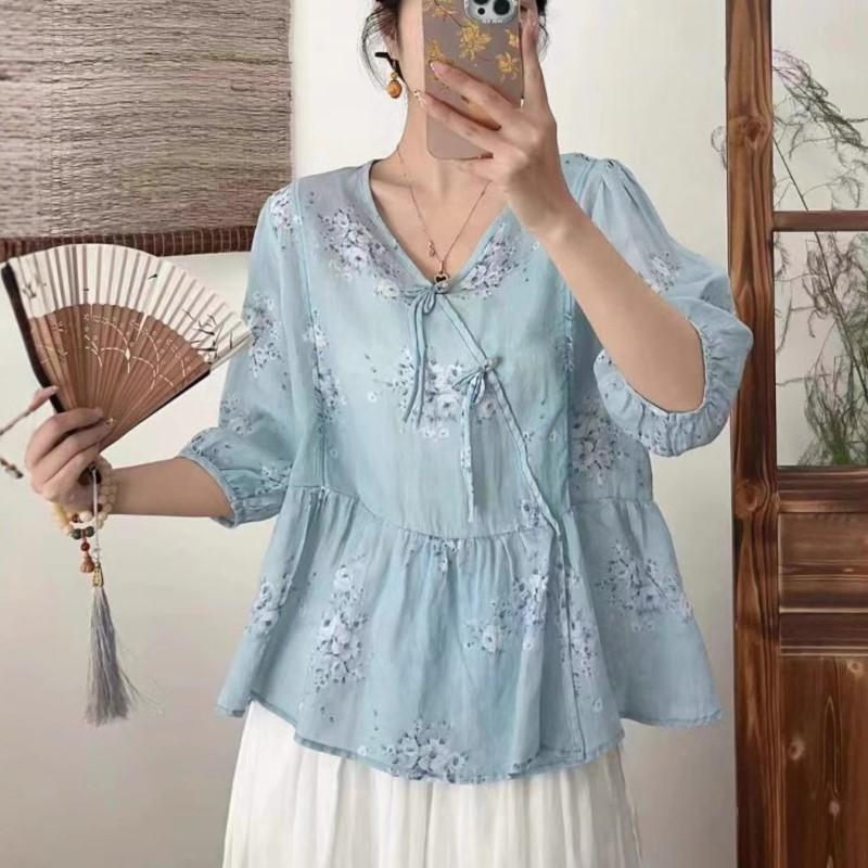 Johnature Spring Print Floral Shirts Women V-Neck Half Sleeve Tops Belt Loose Chinese Style Women Shirts
