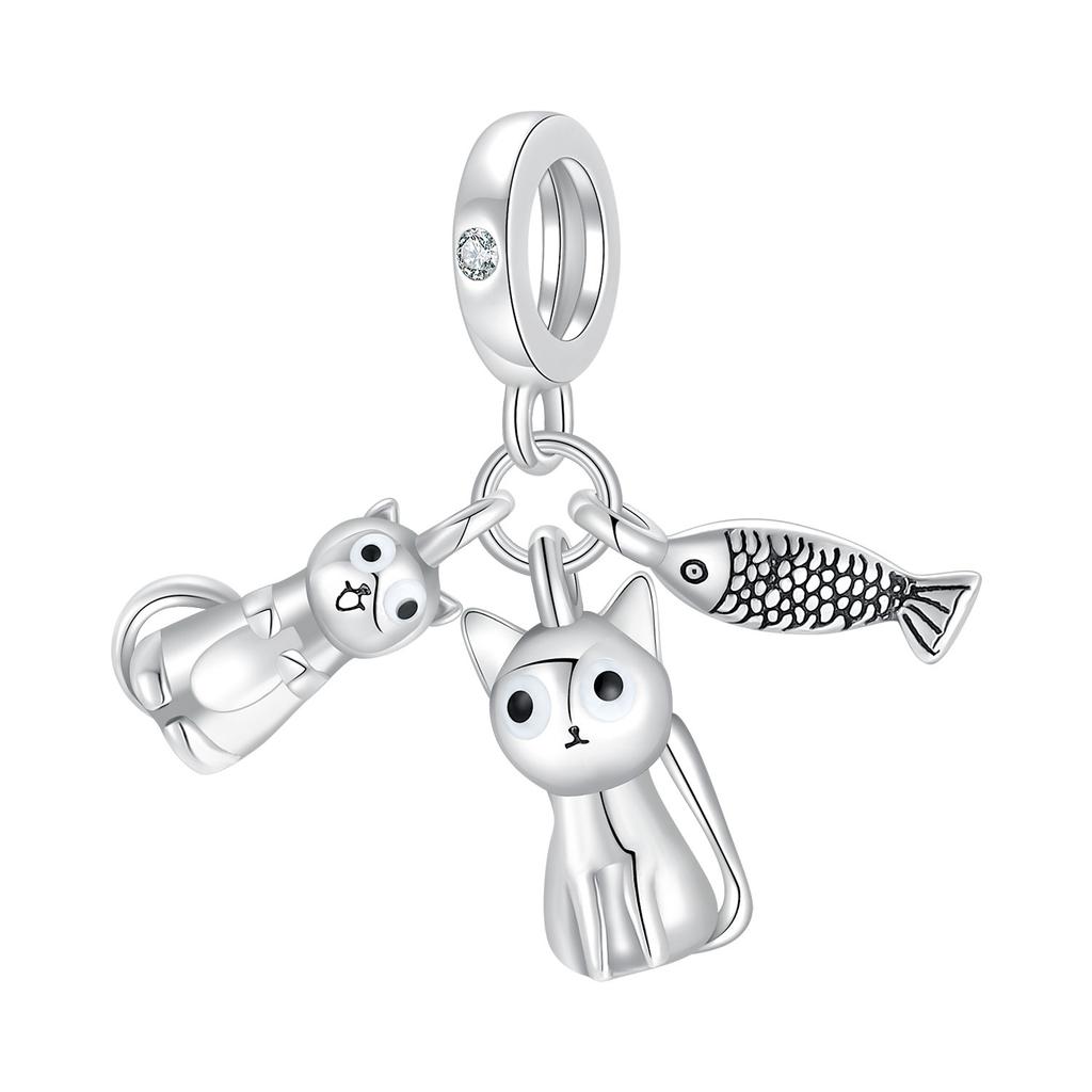 925 Silver Cat Charm Fish Pendant DIY Bracelet Jewelry Gift for Women Fashion Pet Lover Accessories