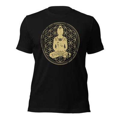 KOSZULKA BUDDA W POZYCJI SIEDZĄCEJ Joga Zen Buddyzm Medytacja Miękki Złoty Koszulka z Mantrą XS-5XL Koszulka Unisex