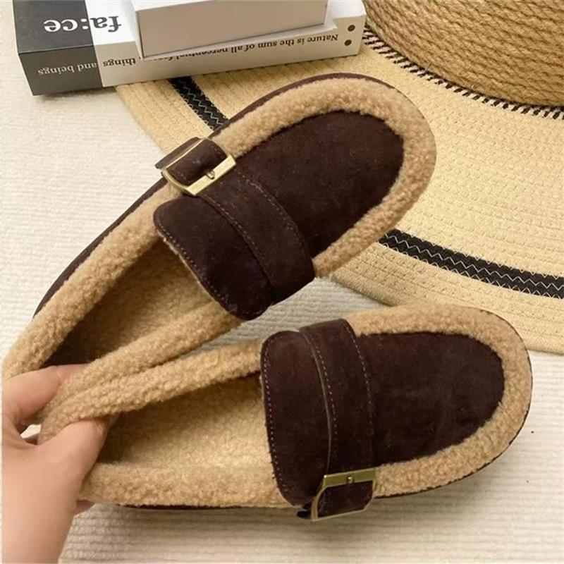 

Туфли Mori retro из бархата с одной педалью для женщин, зима 2024, новые теплые универсальные туфли из хлопка на толстой подошве 40