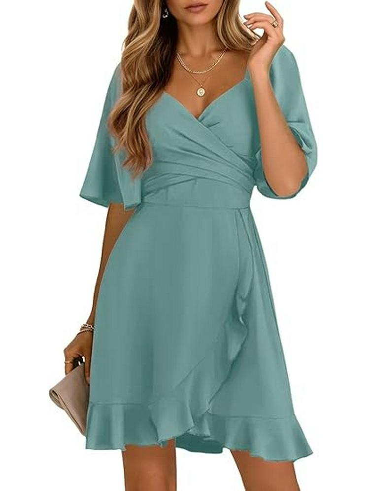 2026 V-Neck Solid Color Ruffle Summer Dress for Women - Stylish Waist-cinching European and American Fashion