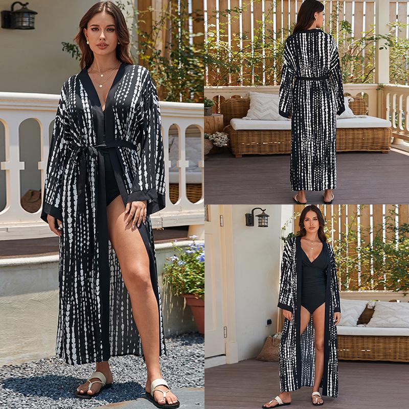 European-American Tie-Dye Beach Cover-Up: Rayon Mid-Length Sun Protection Cardigan for Women's Vacation Bikini Wear