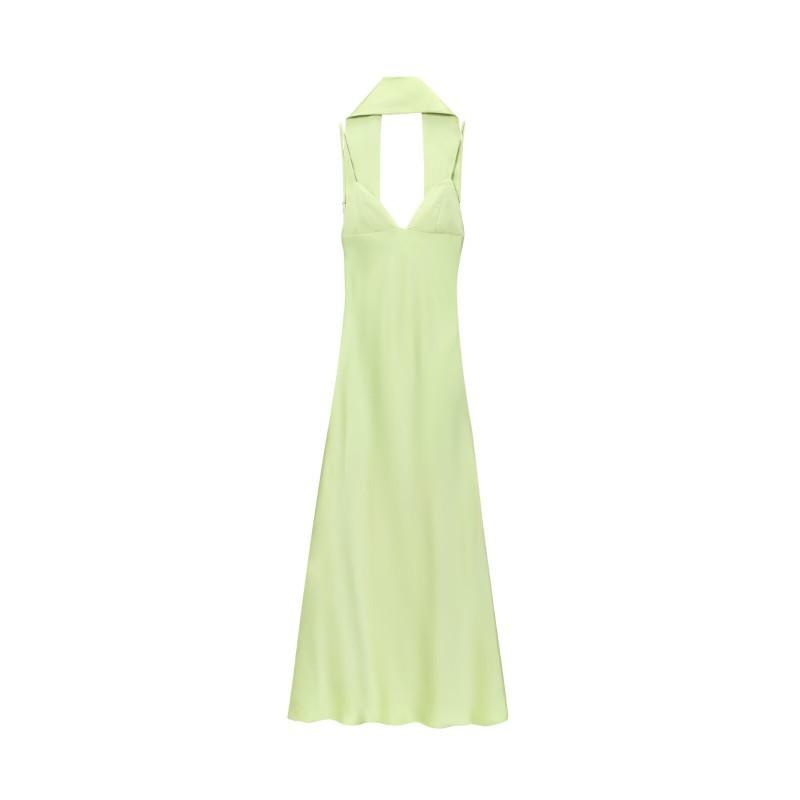 

European American Women s Clothing Summer Backless Silk Satin Scarf Long Suspender Dress XS светло-зеленый