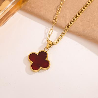New Single-sided Natural Onyx Four-leaf Clover Pendant, Titanium Steel Fashion Non-fading Necklace, Collarbone Chain, Neck Chain, Jewelry.