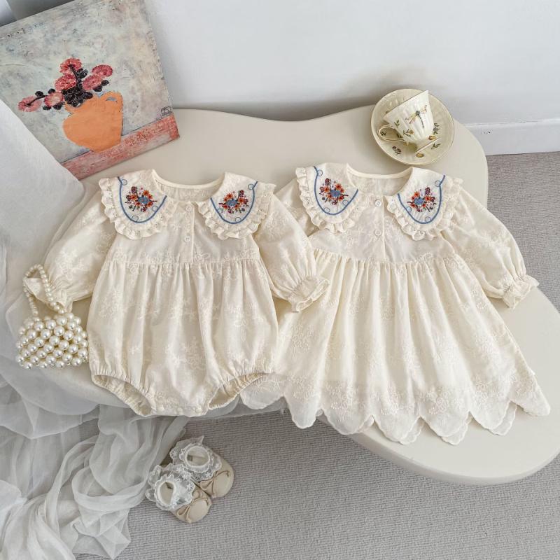 Girls' Embroidered Peter Pan Collar Long Sleeve Outfits