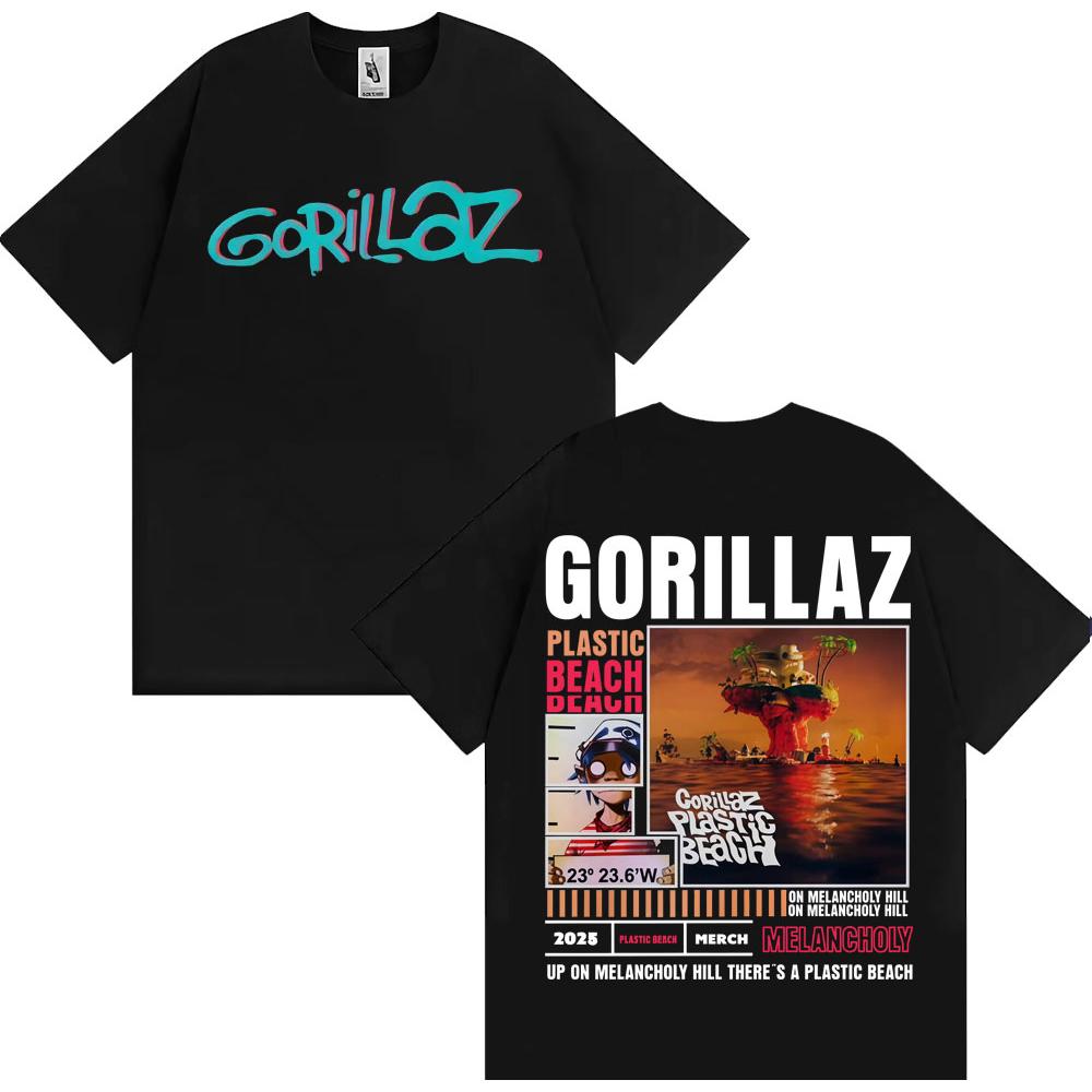 T-shirt Casual Homme Coton Large Mode Rétro Dessin Animé Merch Groupe de Rock Gorillaz