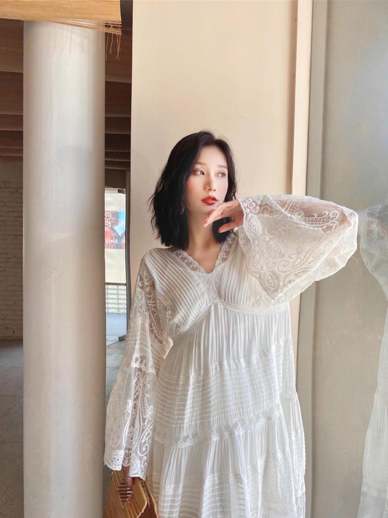 2025 Summer White Bell Sleeve Embroidered Lace Fairy Dress - Loose, High Waist