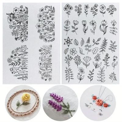 2 Sheets Water Soluble Embroidery Stabilizer DIY Stick Stitch Embroidery Paper with Pre-Printed Flowers Leaves Animals Pattern Beginners Sewing Lover