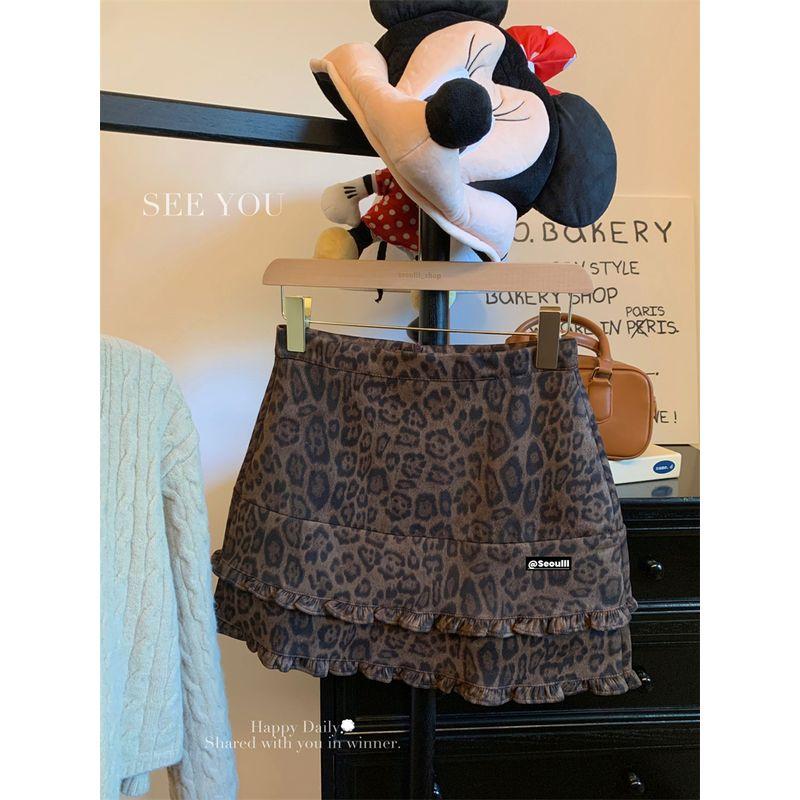 

Kumikumi Gyaru Style Retro Leopard Print High Waist Skirt Women clothes Autumn French style Frill Hip Skirt Short dress Leopard print L