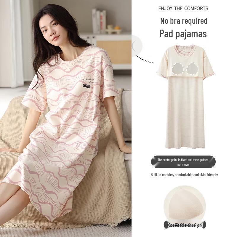 Gureide Women's Summer Cotton Short Sleeve Nightdress with Chest Pads