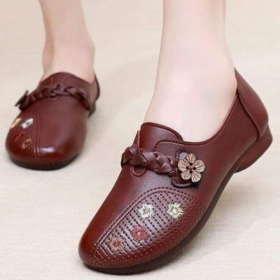 Soft Leather Soft Sole Non-slip Mother Shoes Spring and Autumn New Ethnic Style Single Shoes Flat Sole Non-slip Soft Sole Middle-aged and Elderly 