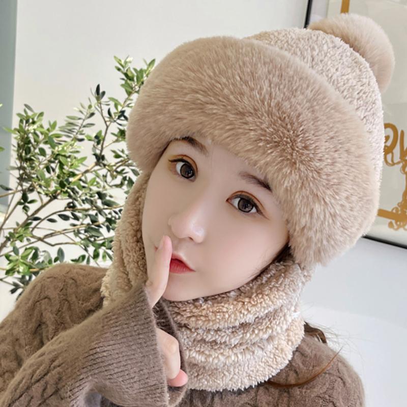 Inverno Protezione Integrata per le Orecchie Cappello Antivento Cappello Baotou Sciarpa Maschera Pompon di Pelliccia Più Velluto Cappello Caldo da Ciclismo per Donna