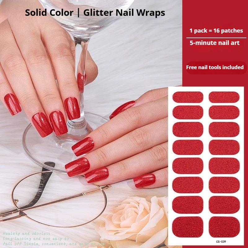 Solid Color Glitter Pink 16-finger Nail Sticker Set, Super Glittery Nail Stickers, Popular Adhesive-backed Nail Stickers.