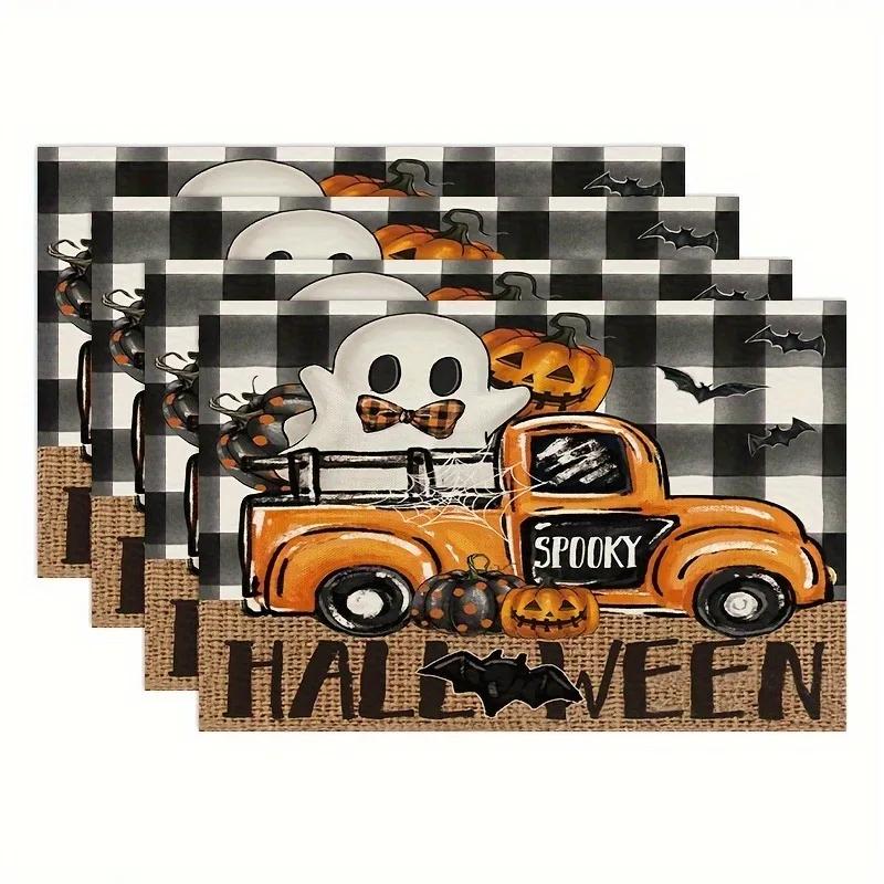 1PC Halloween Pumpkin Print Placemats Machine Washable Table Mat Linen Placemat for Kitchen Dining Table Decoration